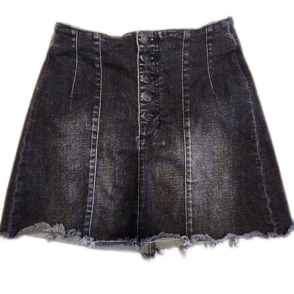 Altar'd State Button Fly Black Denim Mini Skirt, Small
